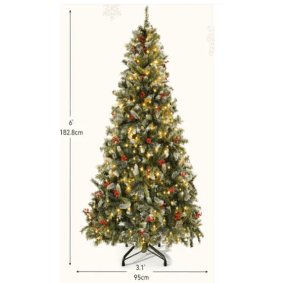Firstness 6ft Pre-Lit Christmas Tree w/ 8 Modes 300 LED Lights, Frosted Tips, Pine Cones, Berries, Artificial Spruce Xmas Tree Holiday Decoration