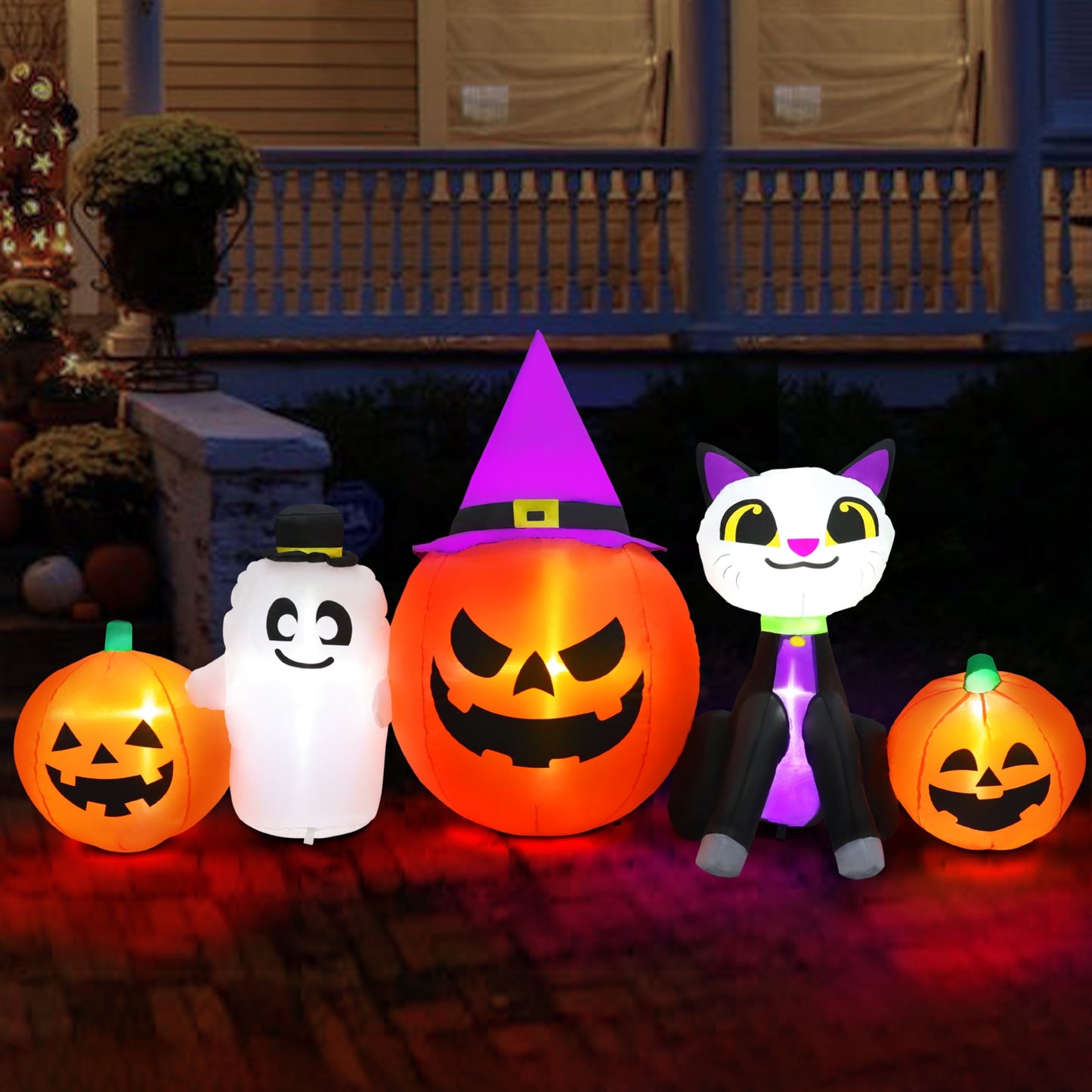 8ft Length Halloween Inflatable, Cat Pumpkins Ghost Inflatable with LED Lights for Halloween Outdoor Holiday Yard Decorations