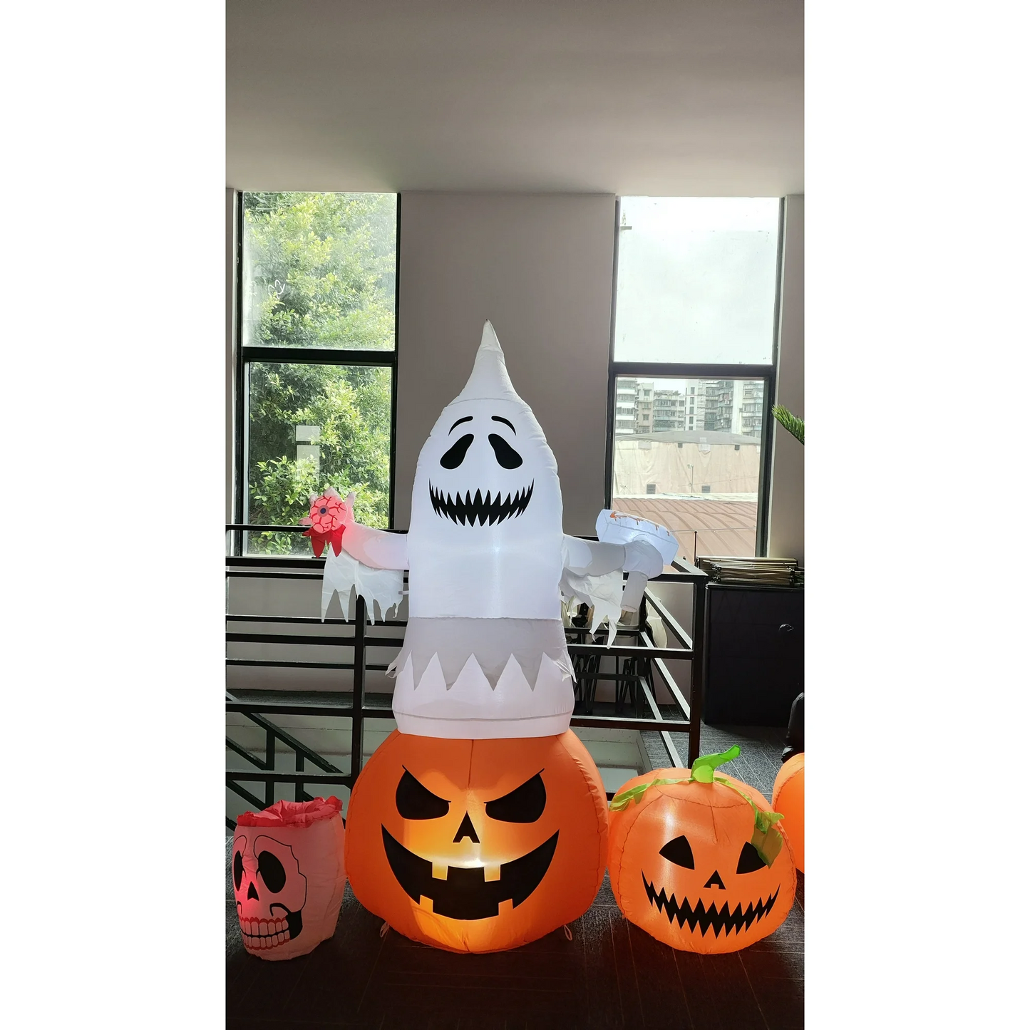 Firstness 6ft Halloween Inflatable,Pumpkin White Ghost Cat Inflatable
