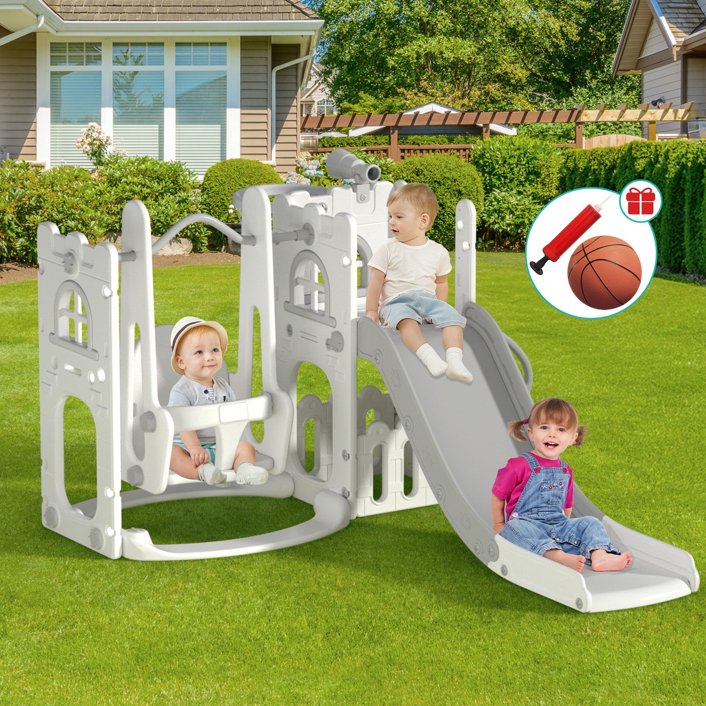 Aikidkit Toddler Slide and Swing Set(White & Gray)