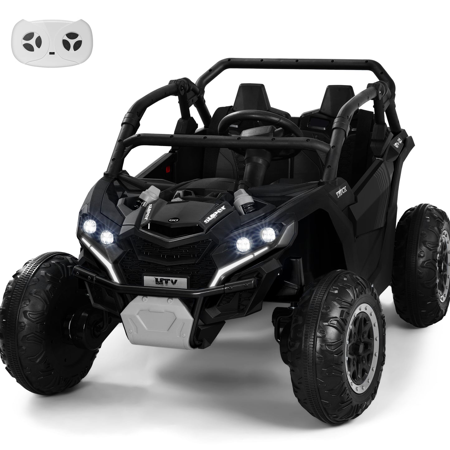 24V Kid Ride on Truck Car, 4WD Electric Powered Ride on UTV with 2 Seaters, 1.86-5 MPH, Remote Control, LED Lights, Bluetooth, Music, Giftable Ride on Toy UTV Truck Car for Kids Age 3-8 Years