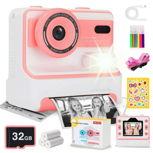 AiKidKit Kids Camera Instant Print, Kids Camera 1080P HD with 32G SD Card Print Paper for Boys Girls Age 3-12 Gifts Pink