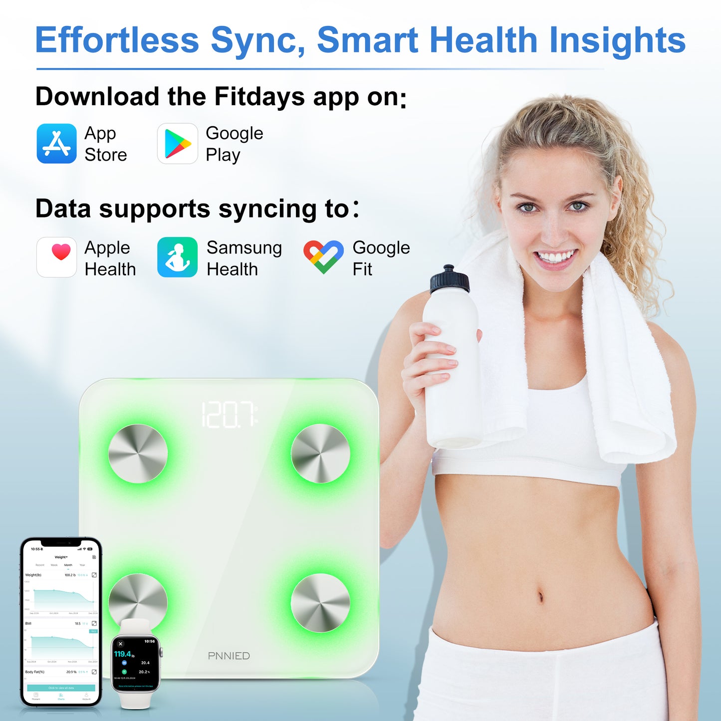 Pnnied Body Fat Scale,Digital Bathroom Scale for Weight, Scale with BMI, Body Fat, Muscle Mass, Body Composition Analysis, Highly Accurate Bluetooth Scale with APP(White)