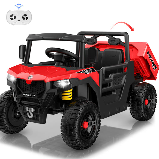 Hijoke 24V 7Ah Kids Ride On Car, Electric Ride on Truck w/ Dump Bed, Remote Control, Music, Story, LED Lights, 2-Seat Powered Ride On Construction Vehicle Dump Truck Car for Kids Age 3-8, 5MPH