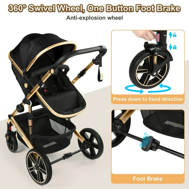 Vomeast Baby Stroller, Foldable Aluminum Alloy Stroller with Reversible, Black