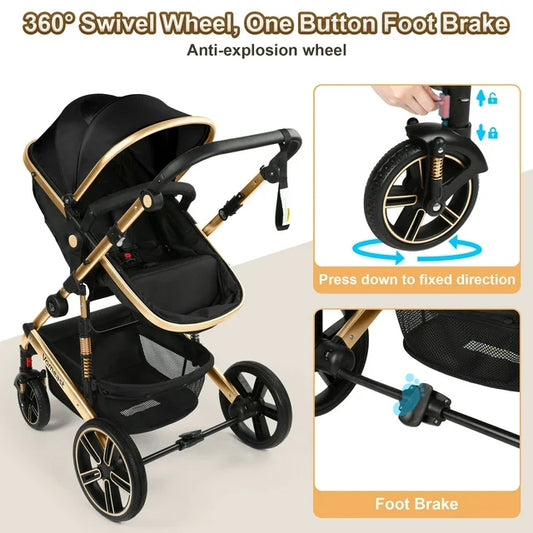 Vomeast Baby Stroller, Foldable Aluminum Alloy Stroller with Reversible, Black