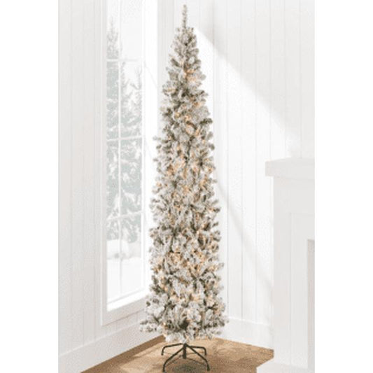 Vrilay 8ft Pre-Lit Flocked Portland Pine Pencil Artificial Christmas Tree