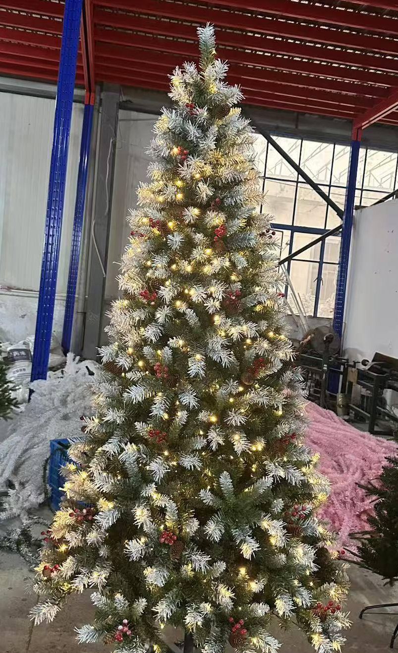 Firstness 6ft Pre-Lit Christmas Tree w/ 8 Modes 300 LED Lights, Frosted Tips, Pine Cones, Berries, Artificial Spruce Xmas Tree Holiday Decoration