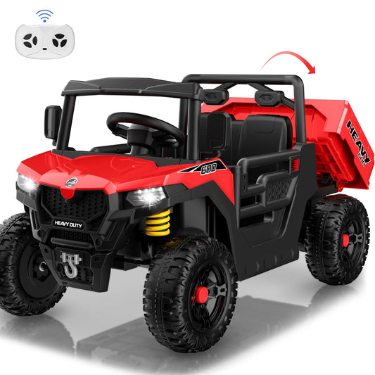 Ride On Toys for Kids 24V Ride On Dump Truck with Remote, Construction Electric Truck w/ Dump Bed, 5MPH & Spring Suspension for Ages 3-8, LED Lights, Music, Story, Red