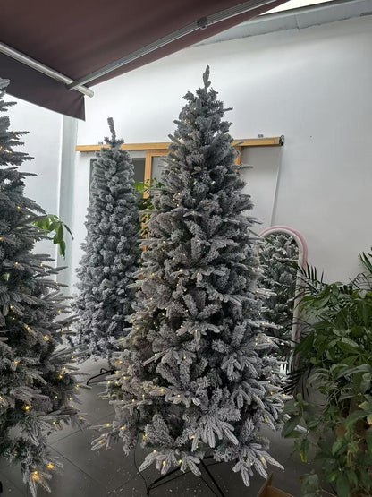 Vrilay Pre-Lit Snow Flocked Artificial Christmas Tree, Gold Ribbon & Snowflake Christmas Decorations