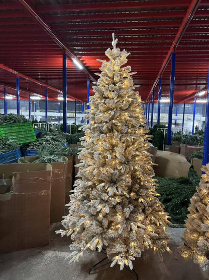 Vrilay Pre-Lit Snow Flocked Artificial Christmas Tree, Gold Ribbon & Snowflake Christmas Decorations